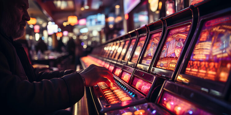 Slot Machine Thrills. Close-up of a person playing a slot machine in a casino