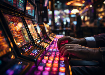 Slot Machine Thrills. Close-up of a person playing a slot machine in a casino