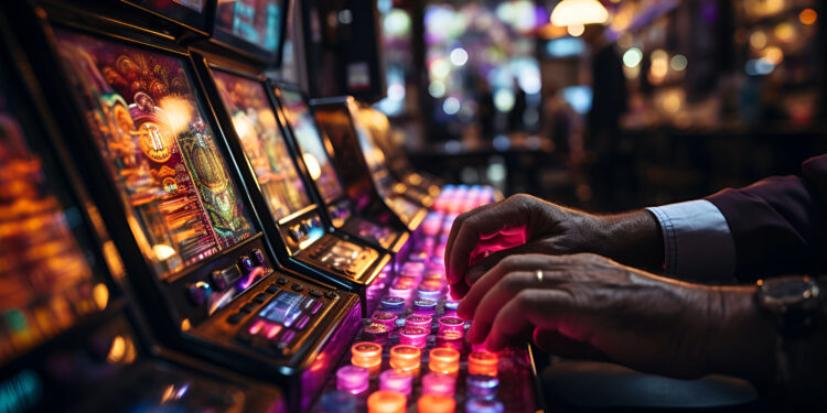 Slot Machine Thrills. Close-up of a person playing a slot machine in a casino