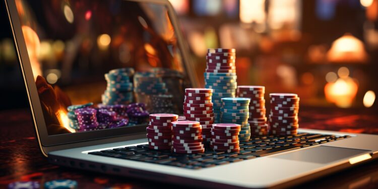 Someone playing online casino on their computer in a casino atmosphere with cards and chips on a green blue carpet