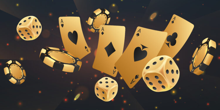 Falling golden poker chips, tokens, dices, playing cards on black background with gold lights, sparkles and bokeh. Vector illustration.